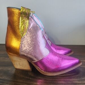 Cynthia Richards NIB Kadee Metallic Pink & Orange Ankle Boots Size 9, Fit Size 8